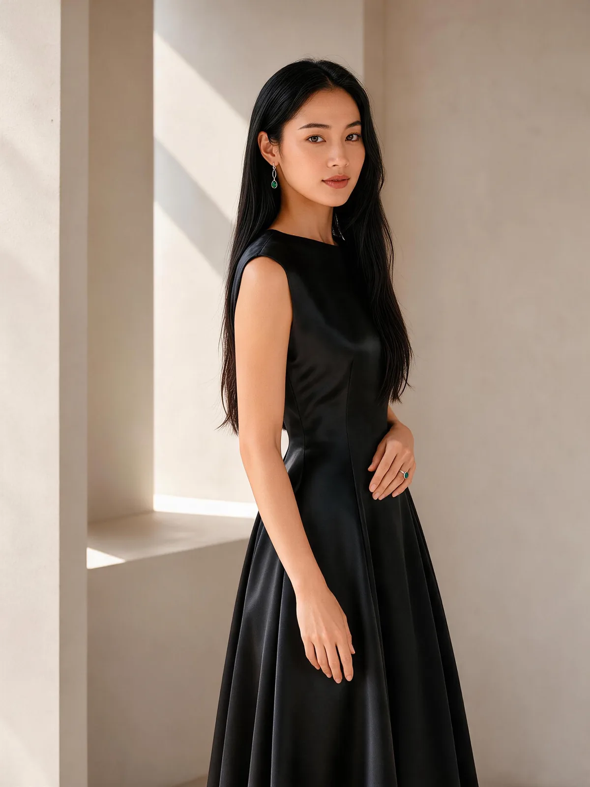黑色礼服搭配绿意耳饰与戒指，呈现特别时刻的佩戴灵感